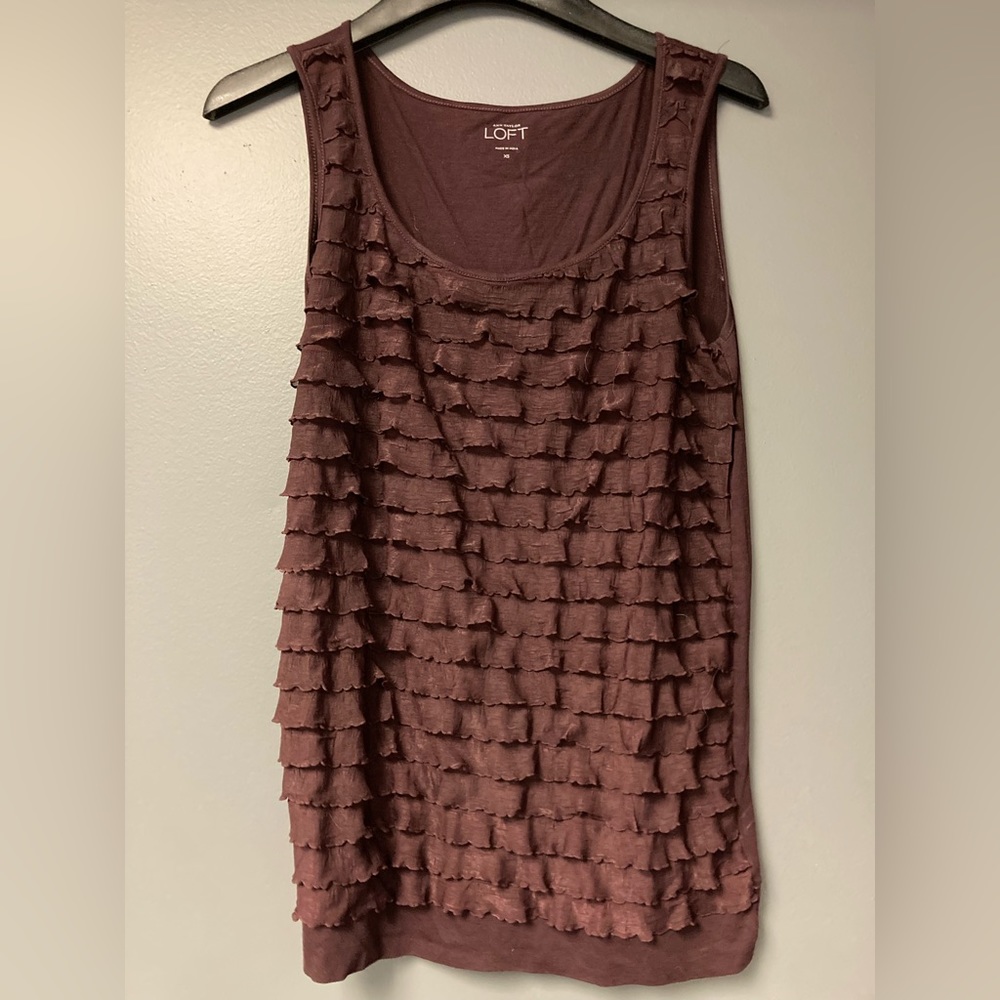 Loft burgundy ruffled fashion tank. Cotton poly spandex blend.